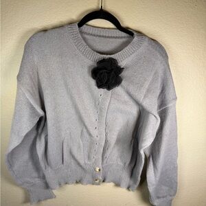Gray Women's Sweater with Black Flower Accent